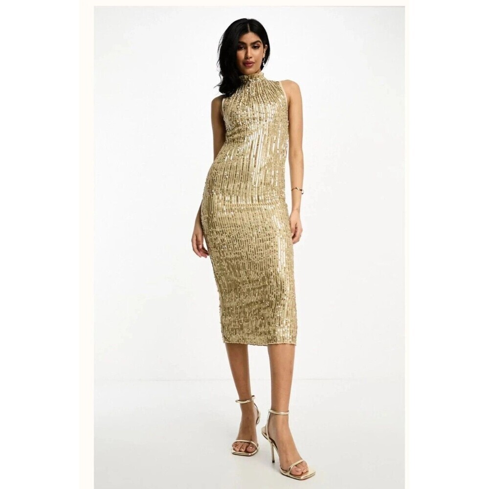 ASOS DESIGN High Neck Embellished Midi Dress Plisse Sequin Gold Size 6 Elegant